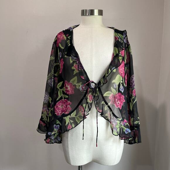 Y2K Sheer Floral Tie Front Boho Blouse Festival Top Plus Size 2X - Picture 1 of 6